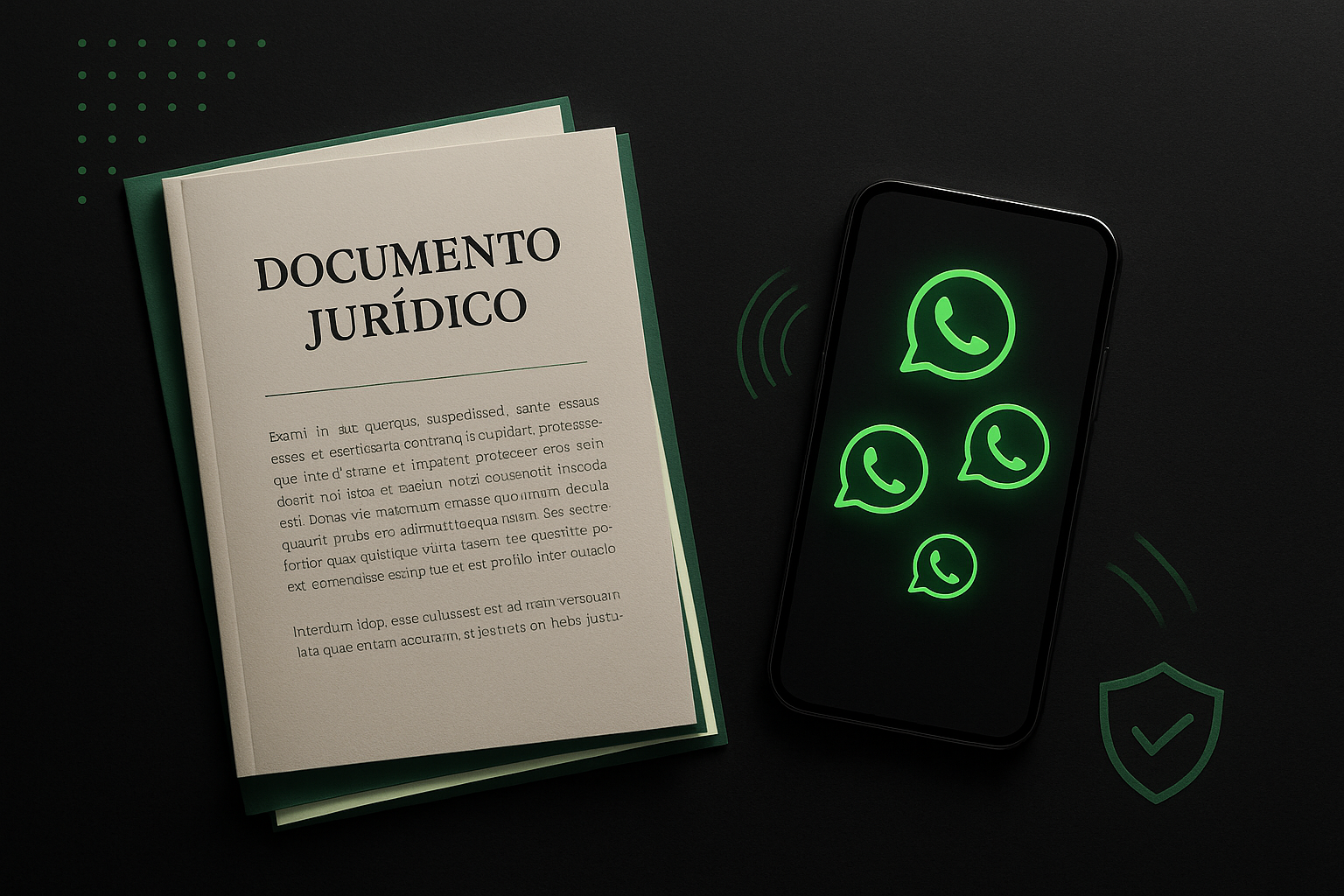 Documentos legais e smartphone com ícones de mensagens verdes em fundo escuro