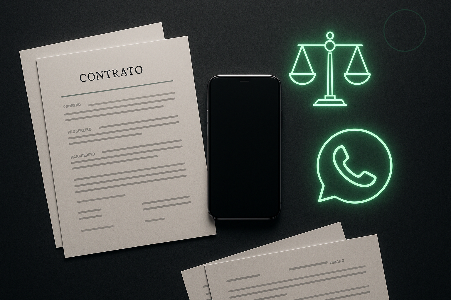 Documentos legais e smartphone com símbolos de justiça em fundo escuro com detalhes verdes