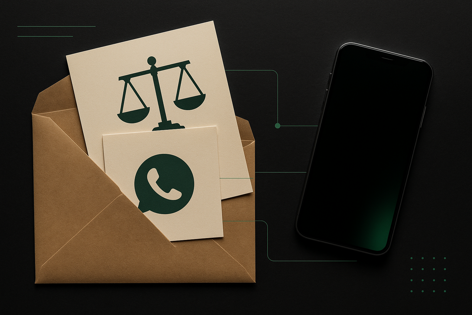 Documentos jurídicos e envelope sobre fundo escuro com símbolos de justiça e ícones de mensagem em verde