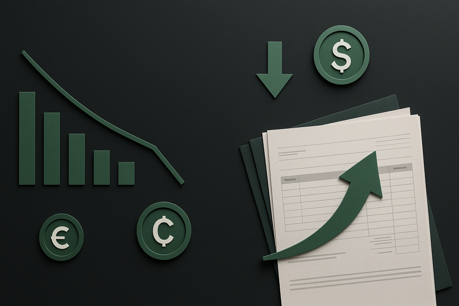 Gráficos e ícones financeiros em fundo escuro ilustrando otimização de taxas de recebimento