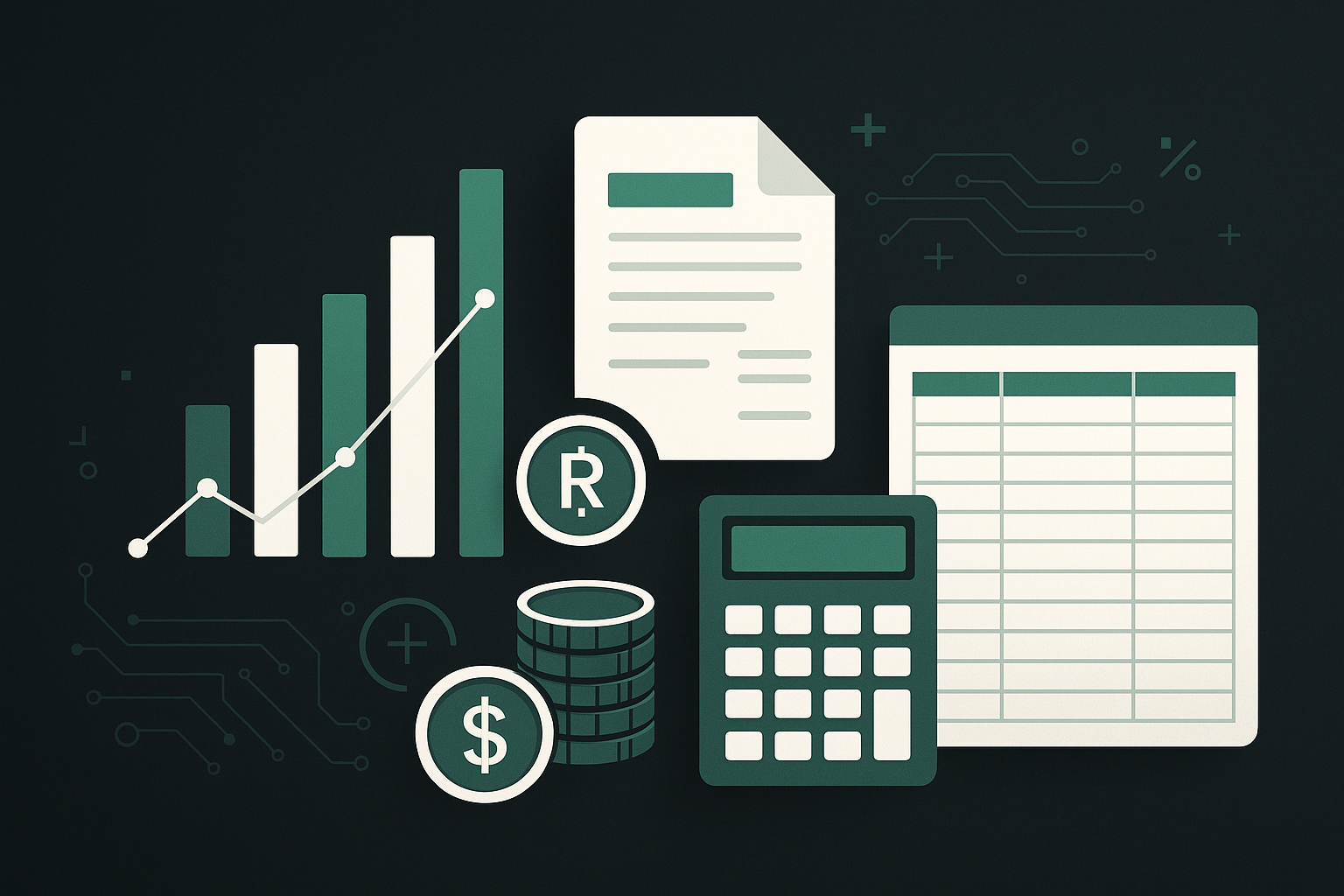 Gráficos e ícones financeiros em fundo escuro representando comparação de taxas bancárias para PMEs