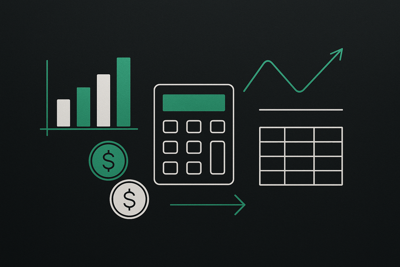 Gráficos e ícones financeiros minimalistas em fundo escuro com detalhes verdes