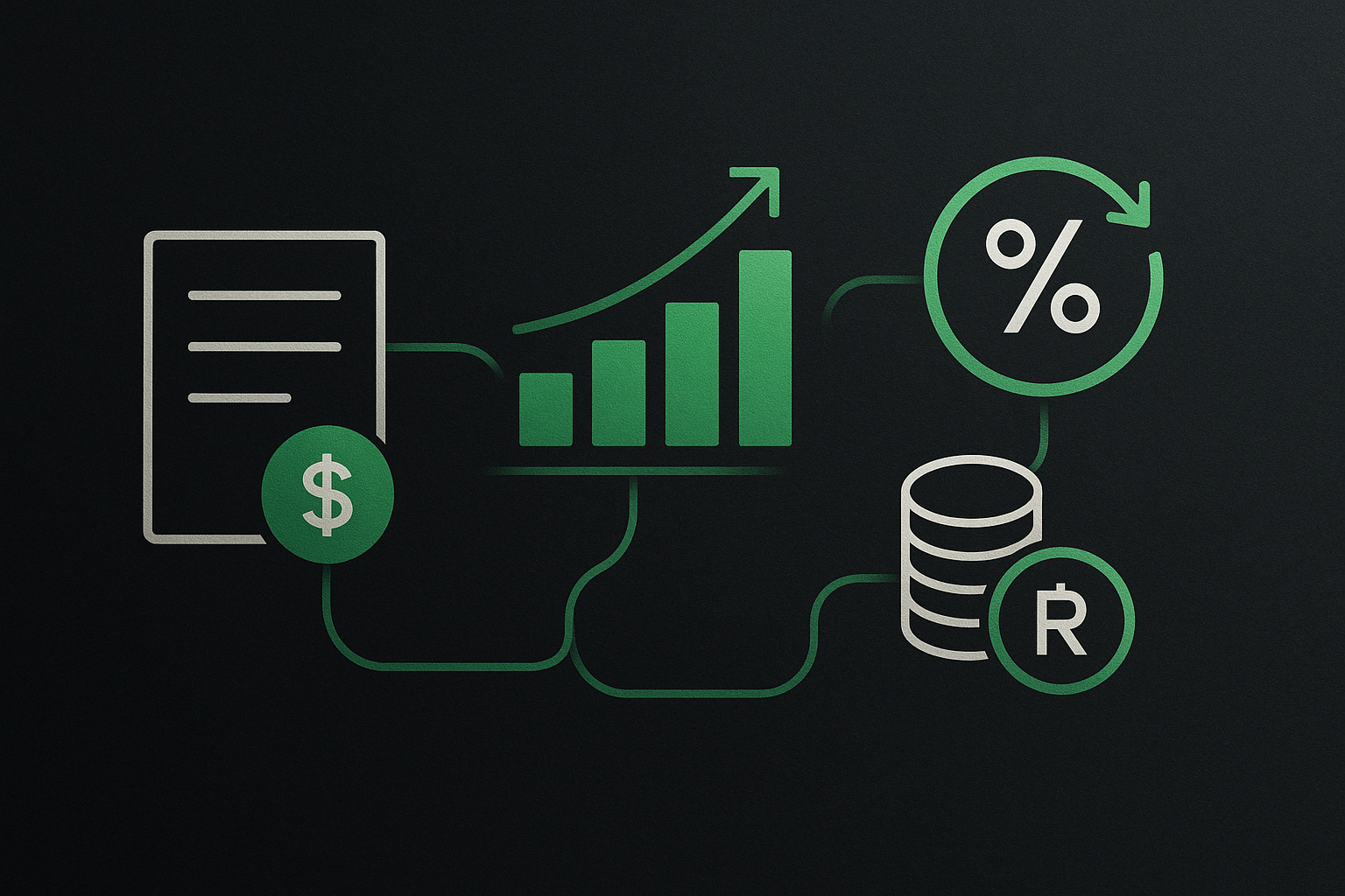 Ícones e gráficos simples representando fluxo de pagamentos e negociação de taxas em fundo escuro